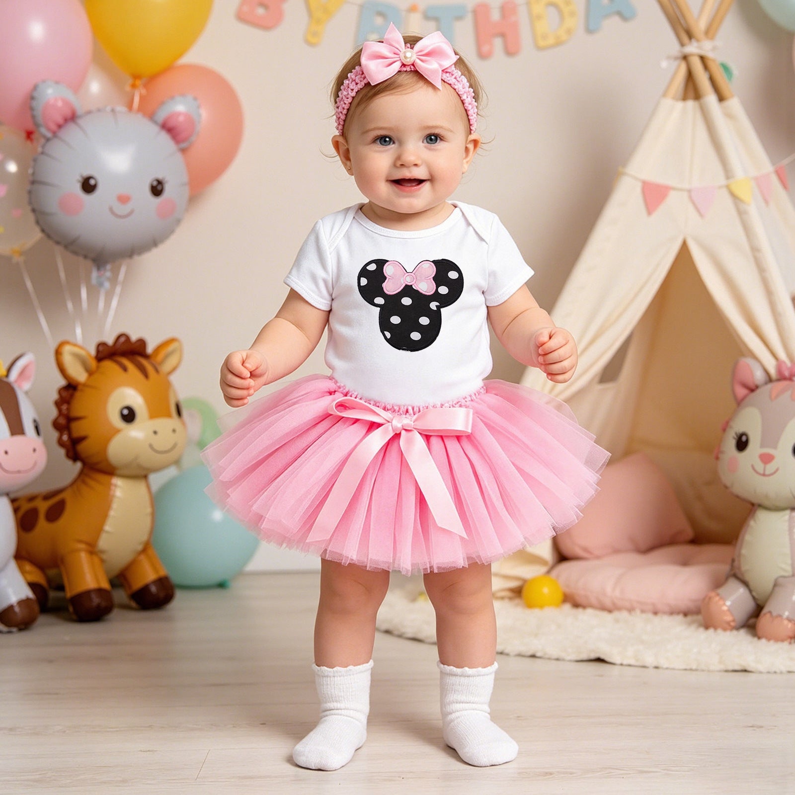 Baby Summer Outfit Set Short Sleeve Romper Handmade Skirt Hair Accessories 3-Piece Birthday Dress Summer
