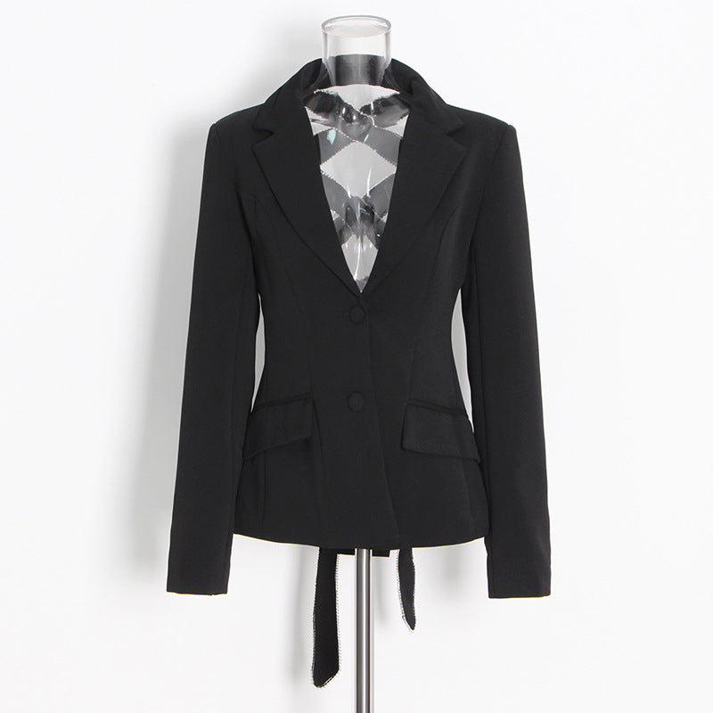 Trendy Brand Design Coat Women's New Fashion Back Nails Drilled Hollow All-Match Strap Suits