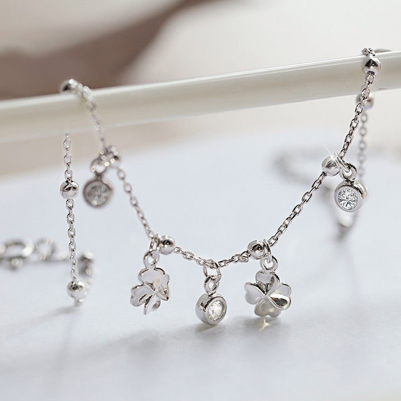 Four Leaf Clover Sterling Silver Anklet Korean Fashion Fresh Silver Jewelry S925 Sterling Silver Single Diamond Anklet Women's Style