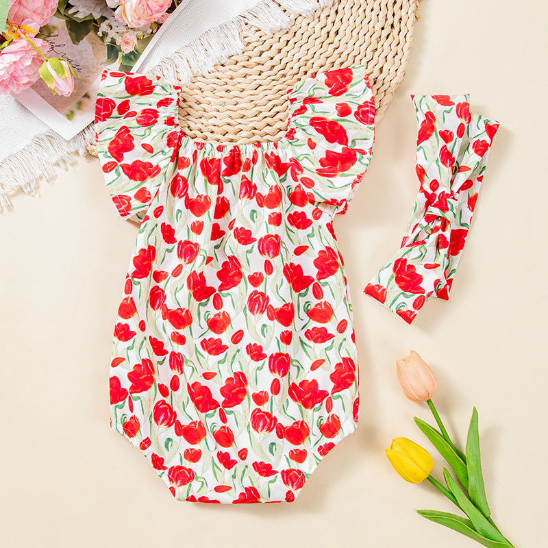 Cute Printed Tulip Flutter Sleeve Romper with Accessories Set for Baby Girls Summer Fashion Outfit