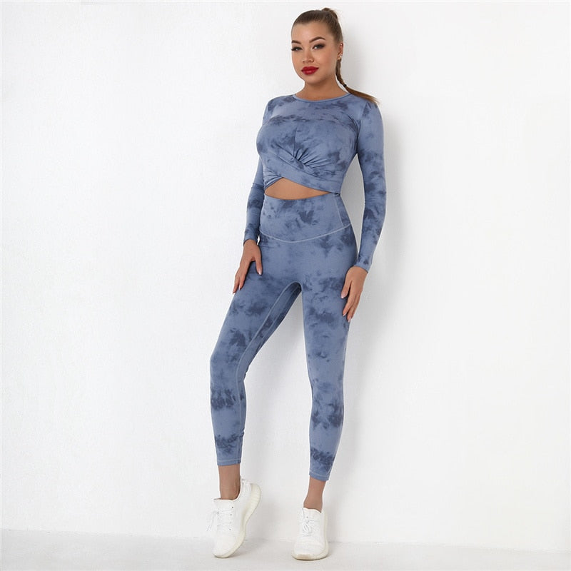 Tie Dye Yoga Suits 2 Pcs Long Sleeve Shirts+High Waist Leggings Sexy Nylon Gym Suits Breathable Tracksuit Colorful Sports Suits