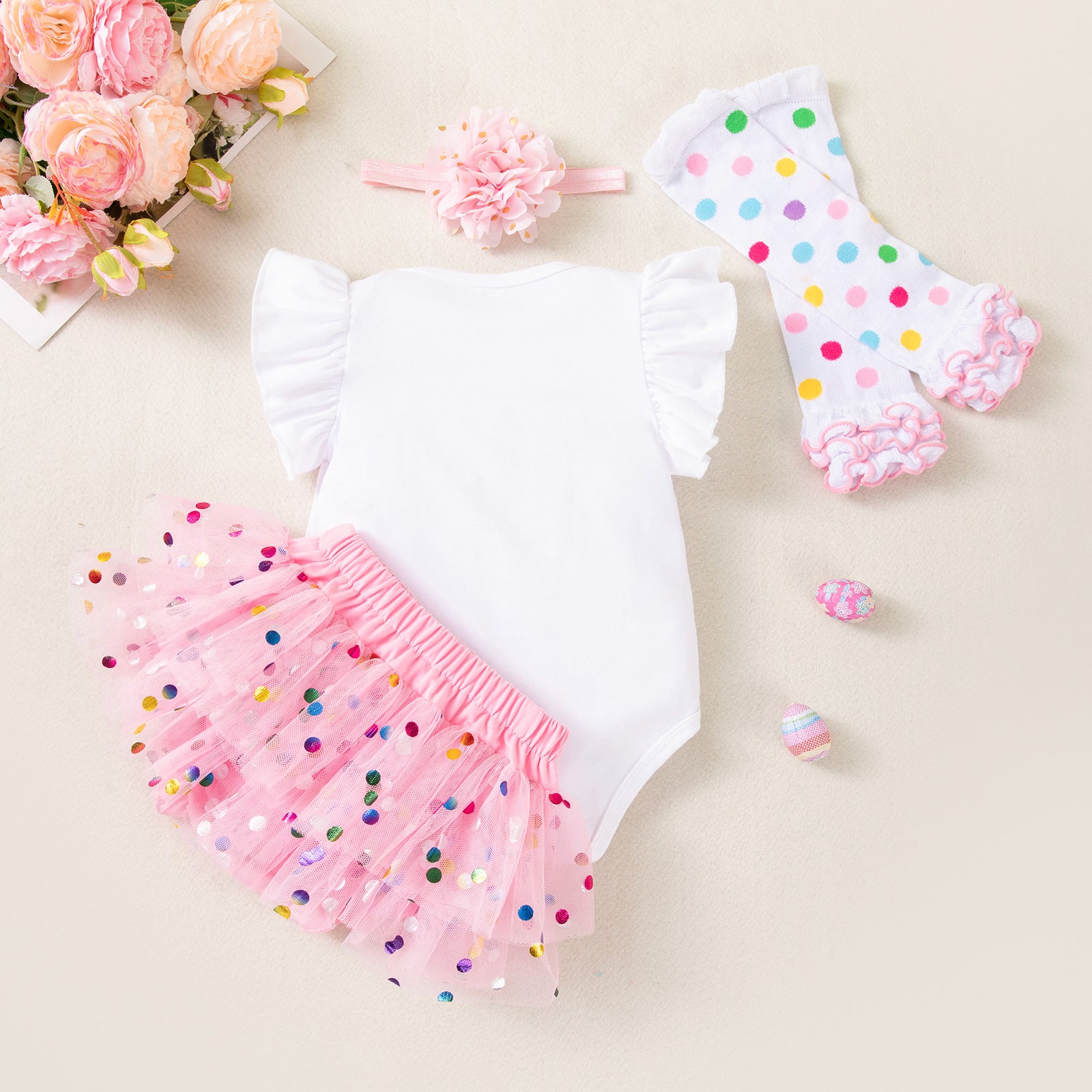 Girls' Clothing Set, Baby Spring Outfit, Flutter Sleeve Romper, Polka Dot Bottoms, Skirt, Hair Accessories, Socks Set, Party Dress