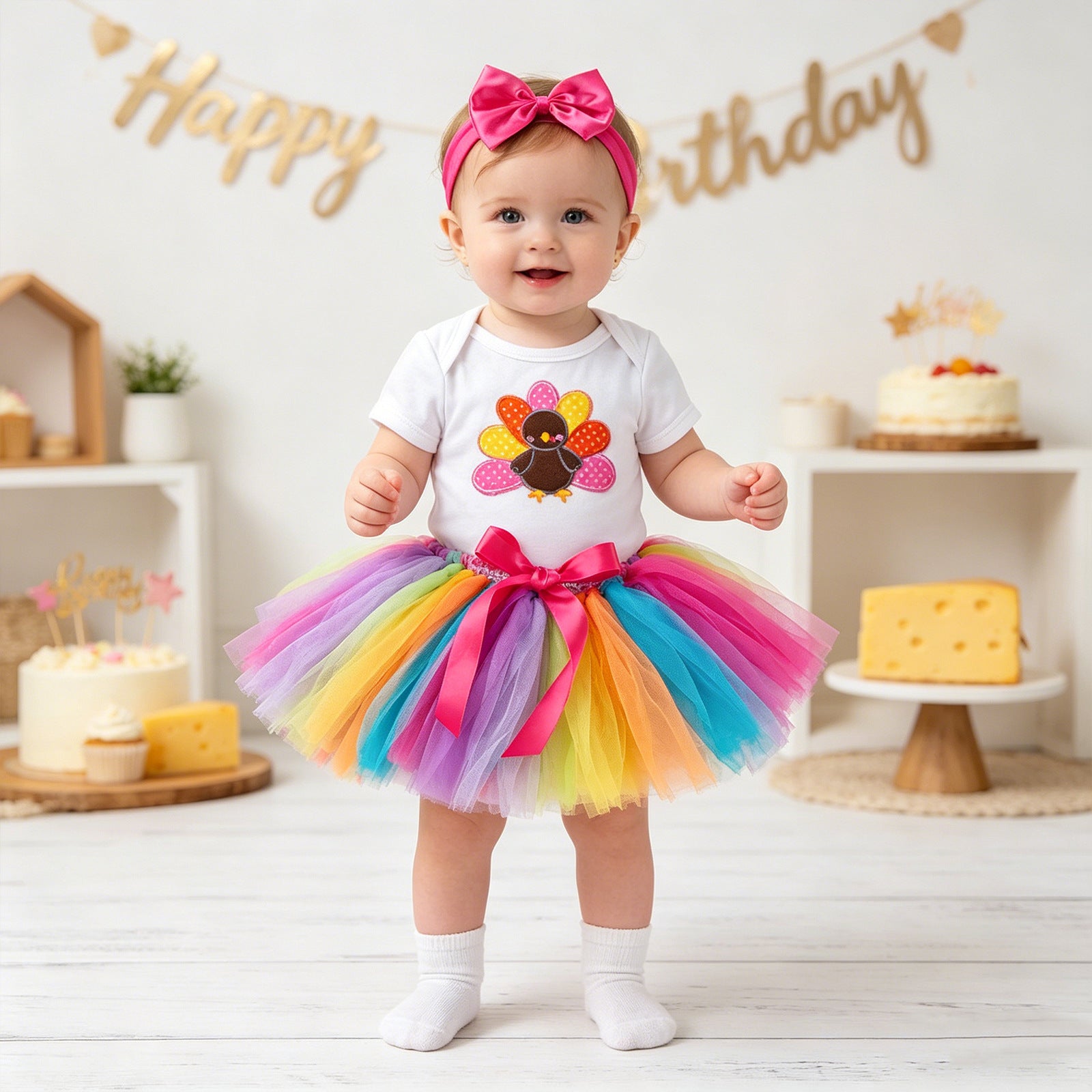 Baby Summer Outfit Set Short Sleeve Romper Handmade Skirt Hair Accessories 3-Piece Birthday Dress Summer