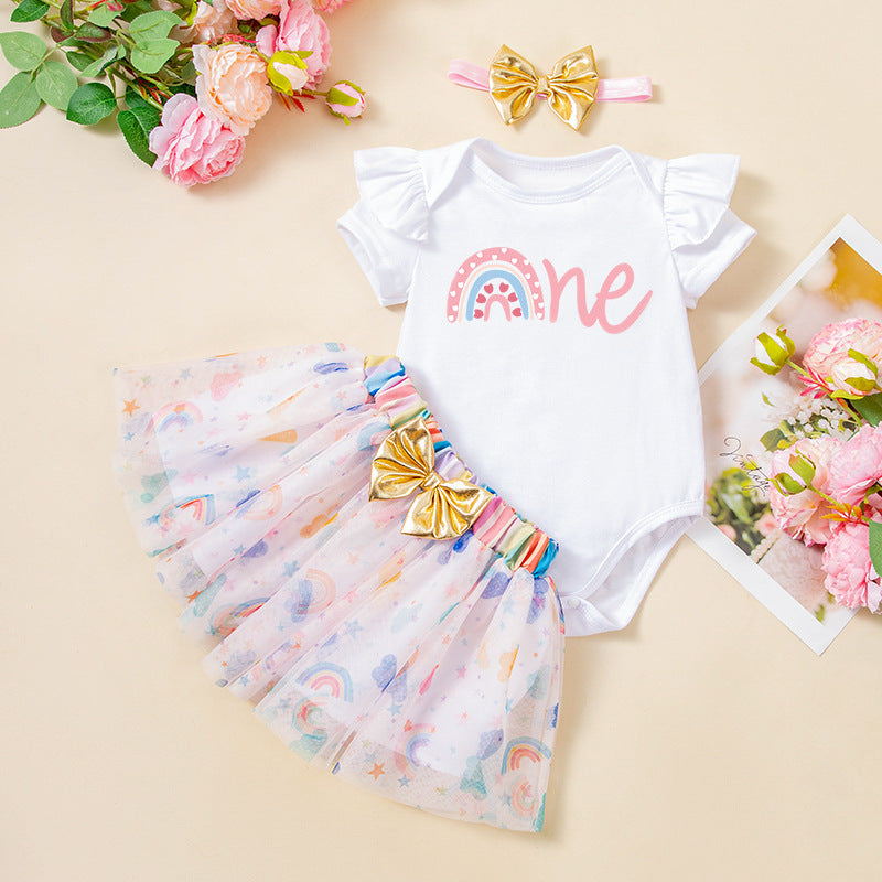 Cute Baby Festival Party Outfit Set with Ruffle Short Sleeve Romper, Rainbow Skirt, and Hair Accessories (3-Piece)