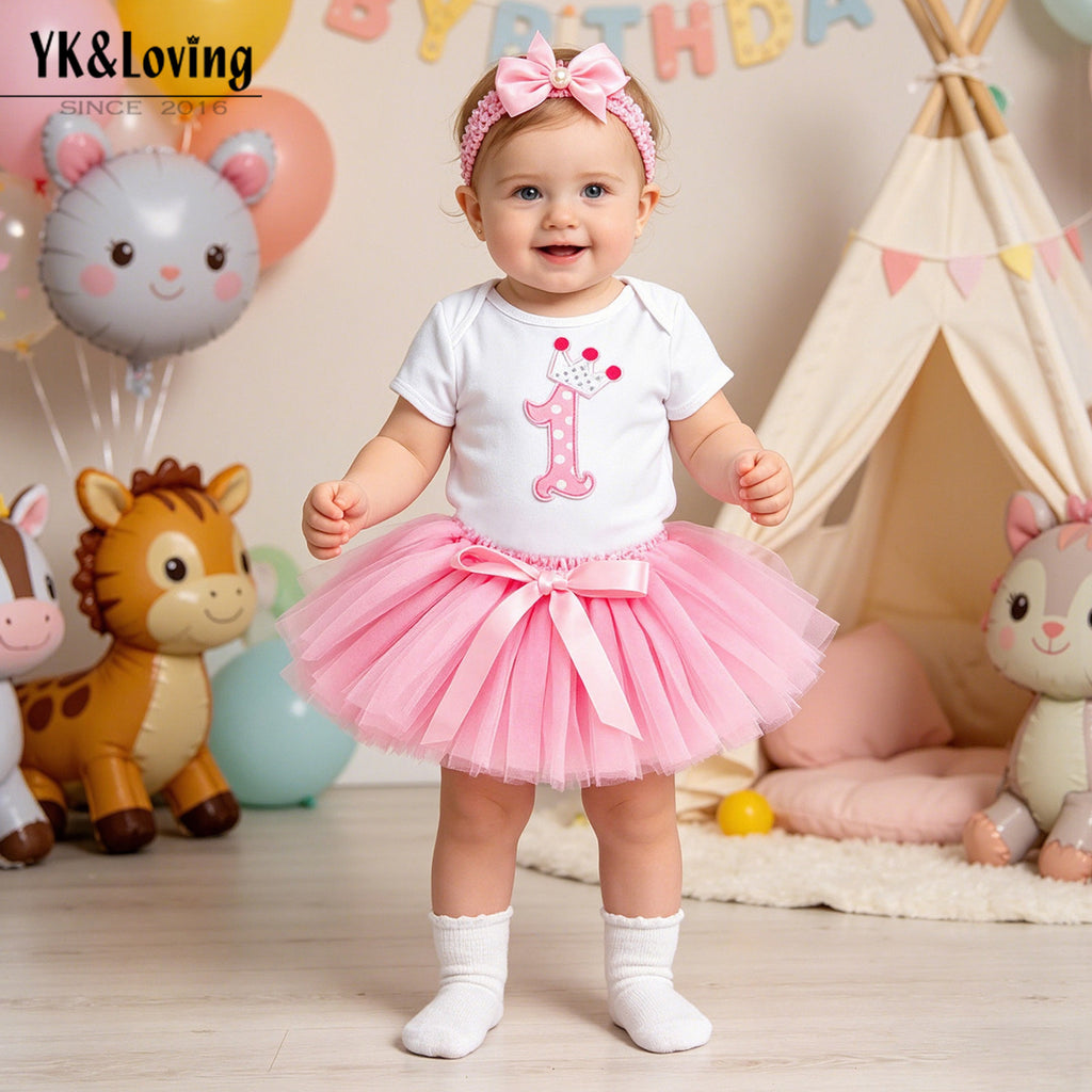 Baby Summer Outfit Set Short Sleeve Romper Handmade Skirt Hair Accessories 3-Piece Birthday Dress Summer