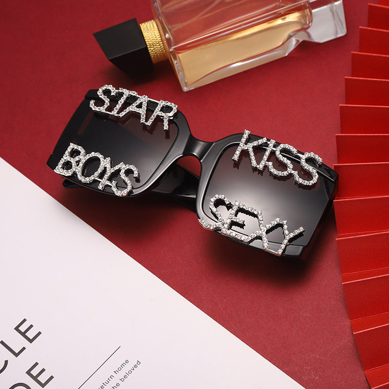 Square Retro Large Frame Handmade Diamond Letter Sunglasses Trendy Rice Nails Thick Feet Street Shooting Sunglasses Glasses