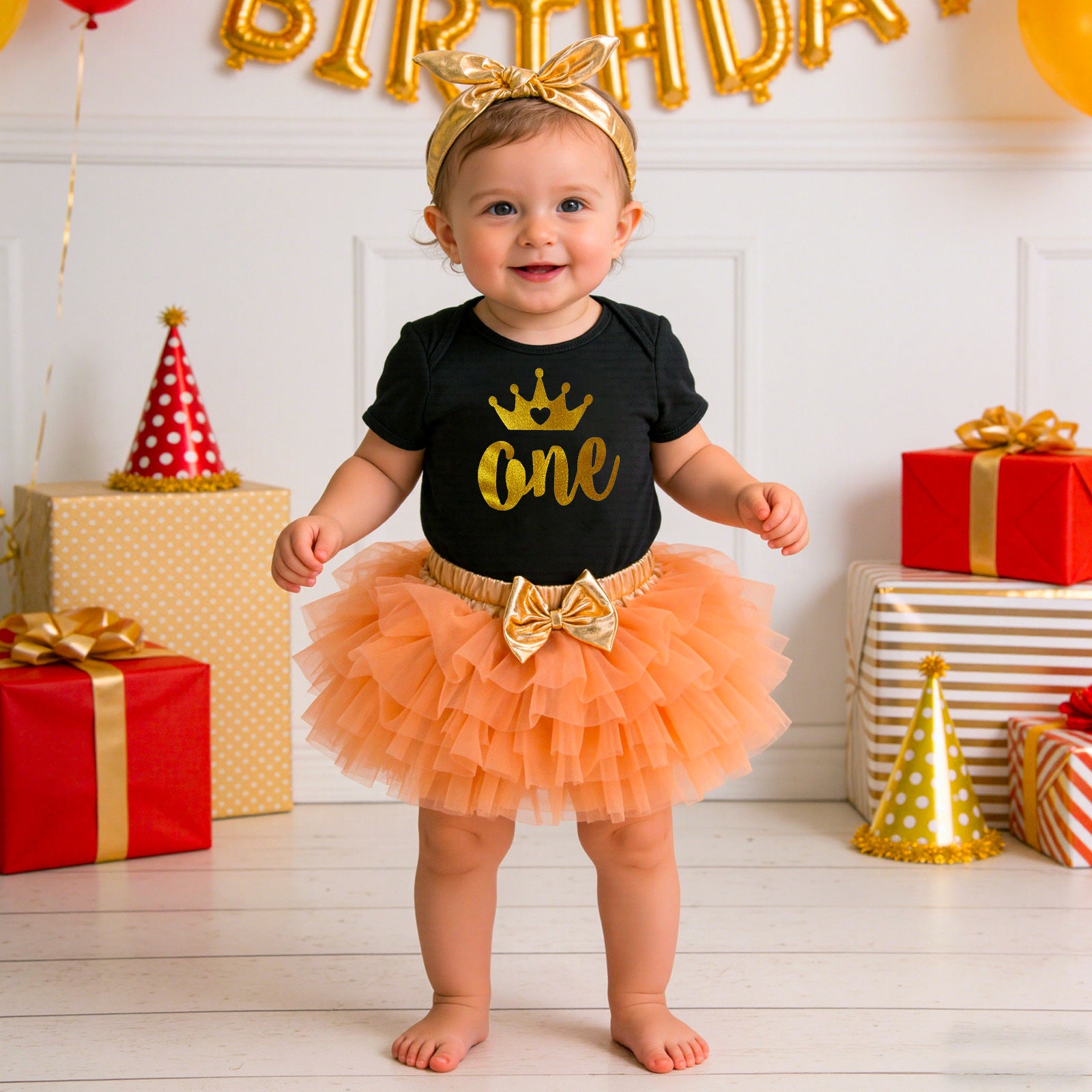 Cute Baby Girl Outfit Set Short Sleeve Romper Skirt Hair Accessories Birthday Clothes