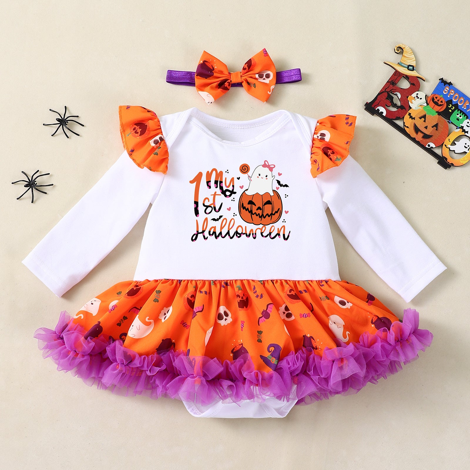 Cute Baby Halloween Costume Set with Printed Pumpkin Design Long Sleeve Romper Dress and Accessories