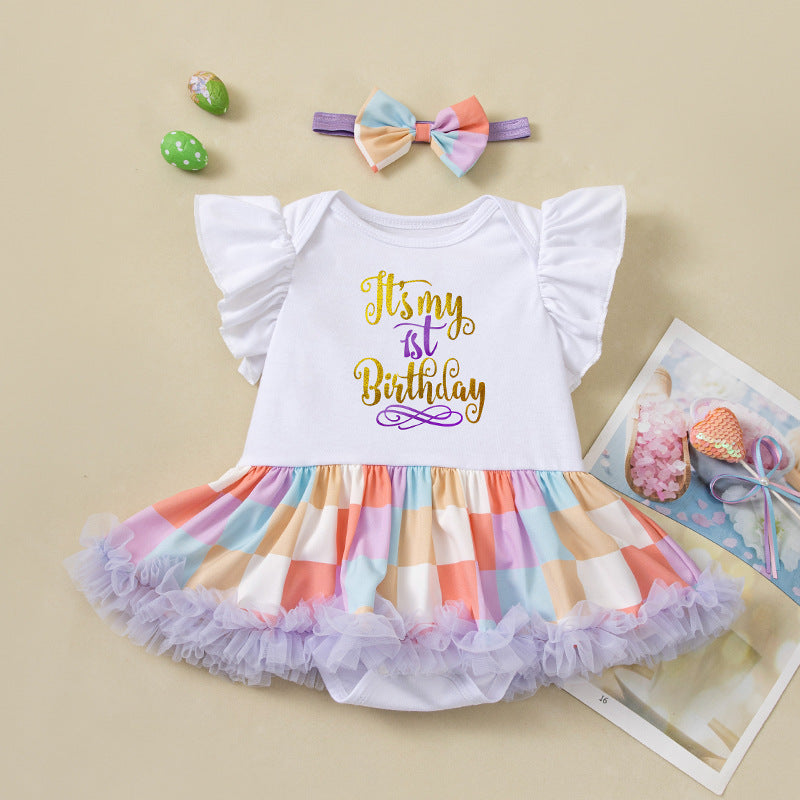 Cute Baby Summer Outfit Set with Flutter Sleeve Romper Dress and Hair Accessories for Birthday Party