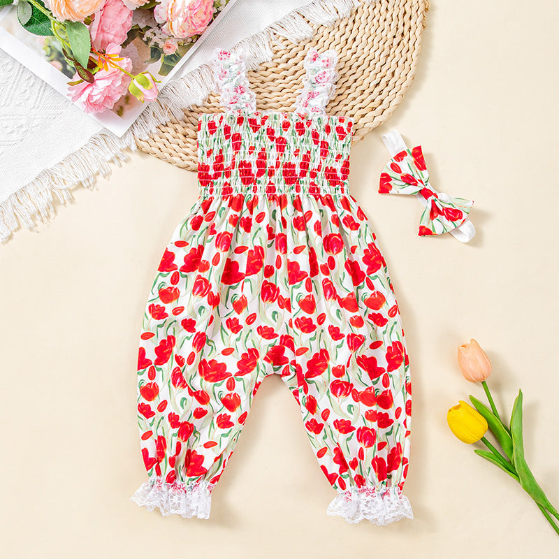 Lace Strap Lantern Pants with Tulip Print, Gathered Bodice Romper and Accessories Set for Baby Girls