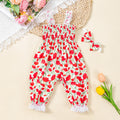 Lace Strap Lantern Pants with Tulip Print, Gathered Bodice Romper and Accessories Set for Baby Girls
