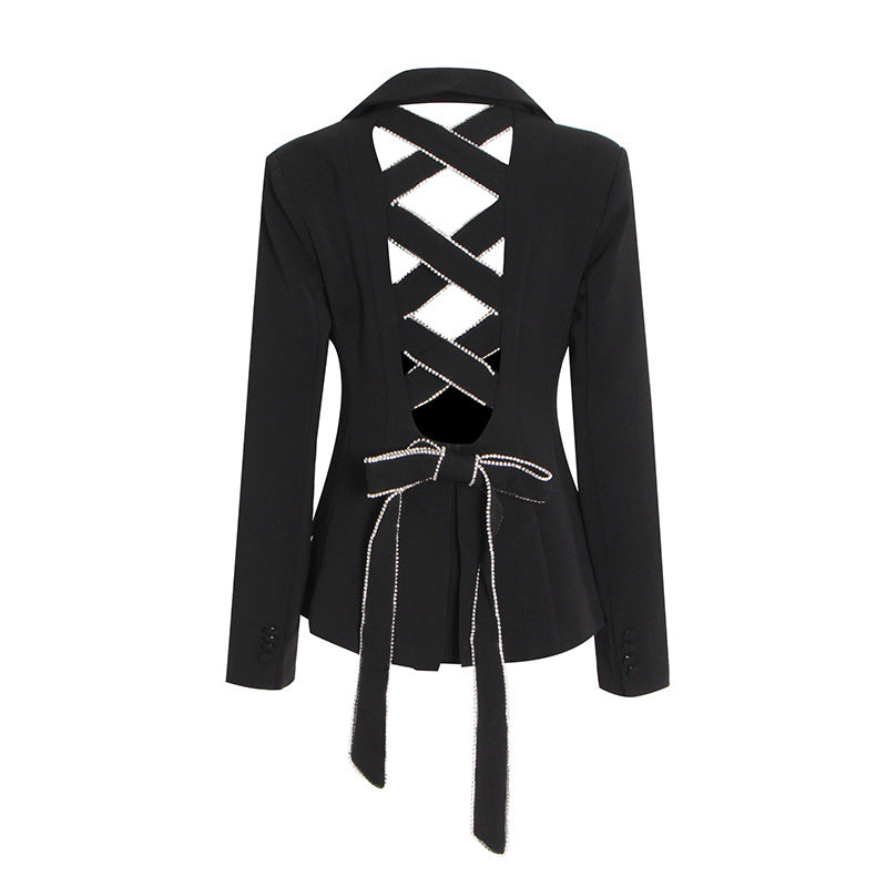Trendy Brand Design Coat Women's New Fashion Back Nails Drilled Hollow All-Match Strap Suits