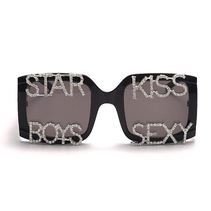 Square Retro Large Frame Handmade Diamond Letter Sunglasses Trendy Rice Nails Thick Feet Street Shooting Sunglasses Glasses