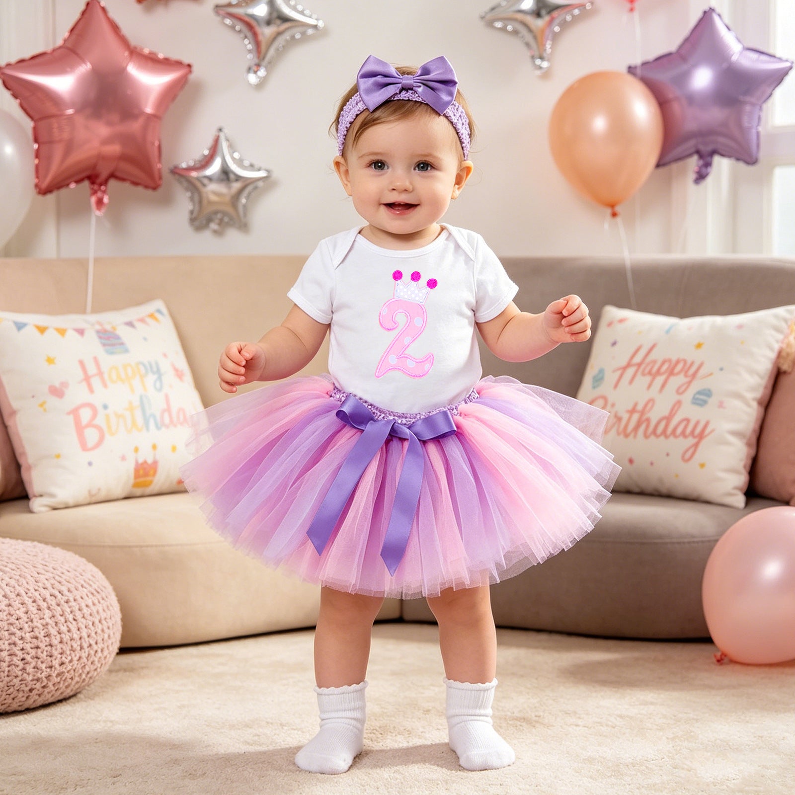 Baby Summer Outfit Set Short Sleeve Romper Handmade Skirt Hair Accessories 3-Piece Birthday Dress Summer
