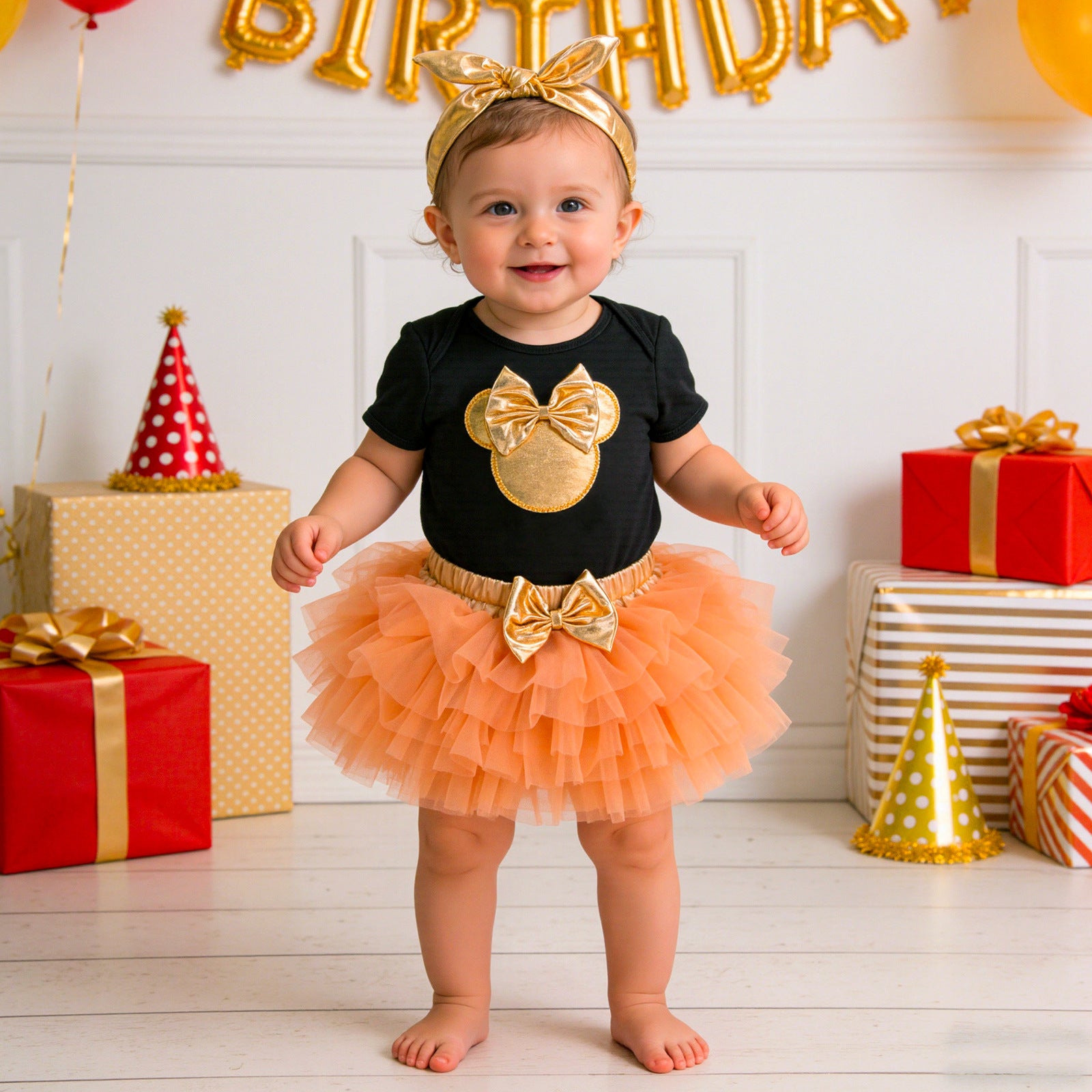 Cute Baby Girl Outfit Set Short Sleeve Romper Skirt Hair Accessories Birthday Clothes