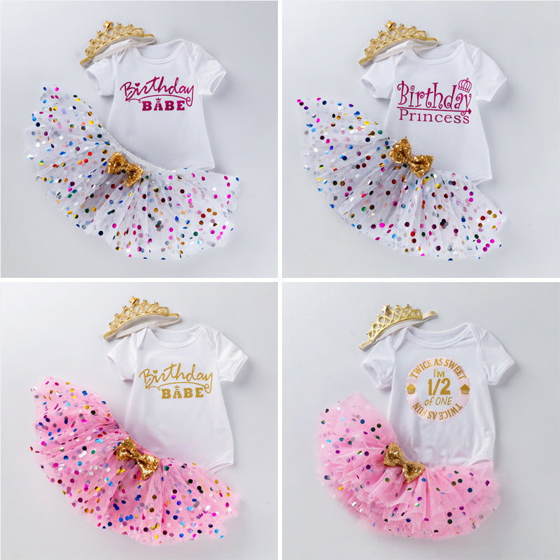 Baby First Birthday Outfit Set - Short Sleeve Romper Hair Accessories 3-Piece Infant Party Costume