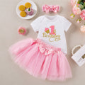 Factory Direct Summer Baby Girl Birthday Party Outfit Letter  Short Sleeve Romper Skirt Hair Accessories 3-Piece Set