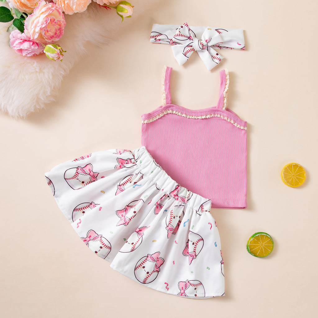 Birthday Party Outfit Set for Girls - Strap T-Shirt Hair Accessories 3-Piece Summer Baby Clothing Kids' Summer Wear