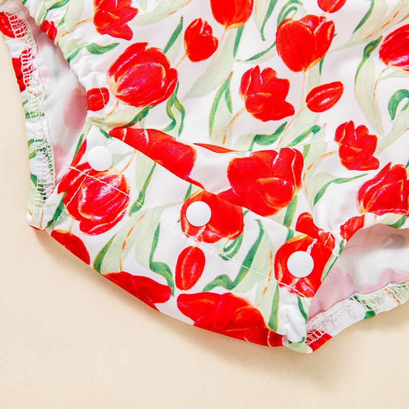 Cute Printed Tulip Flutter Sleeve Romper with Accessories Set for Baby Girls Summer Fashion Outfit