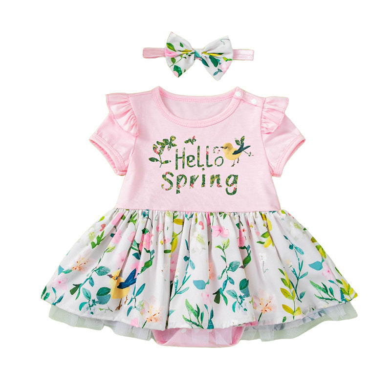 Baby Summer Printed Short Sleeve Romper Dress with Accessories 2-Piece Set Infant Onesie Dress Outfit