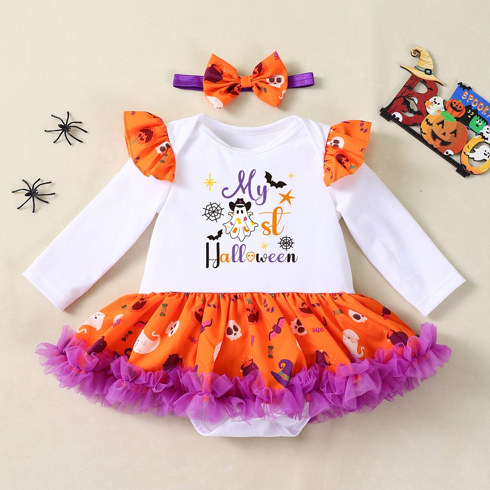 Cute Baby Halloween Costume Set with Printed Pumpkin Design Long Sleeve Romper Dress and Accessories