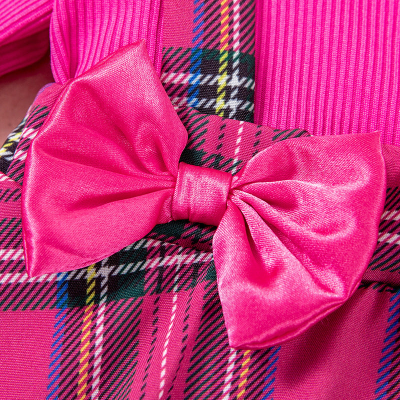 Baby Girl Spring/Autumn Outfit Set with Bow, Checkered Patchwork Romper Dress and Hair Accessories