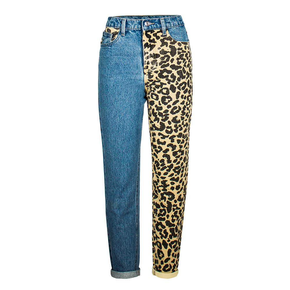 New Fashion Leopard High Waist Jeans Women`s  Straight Boyfriend Denim Pants