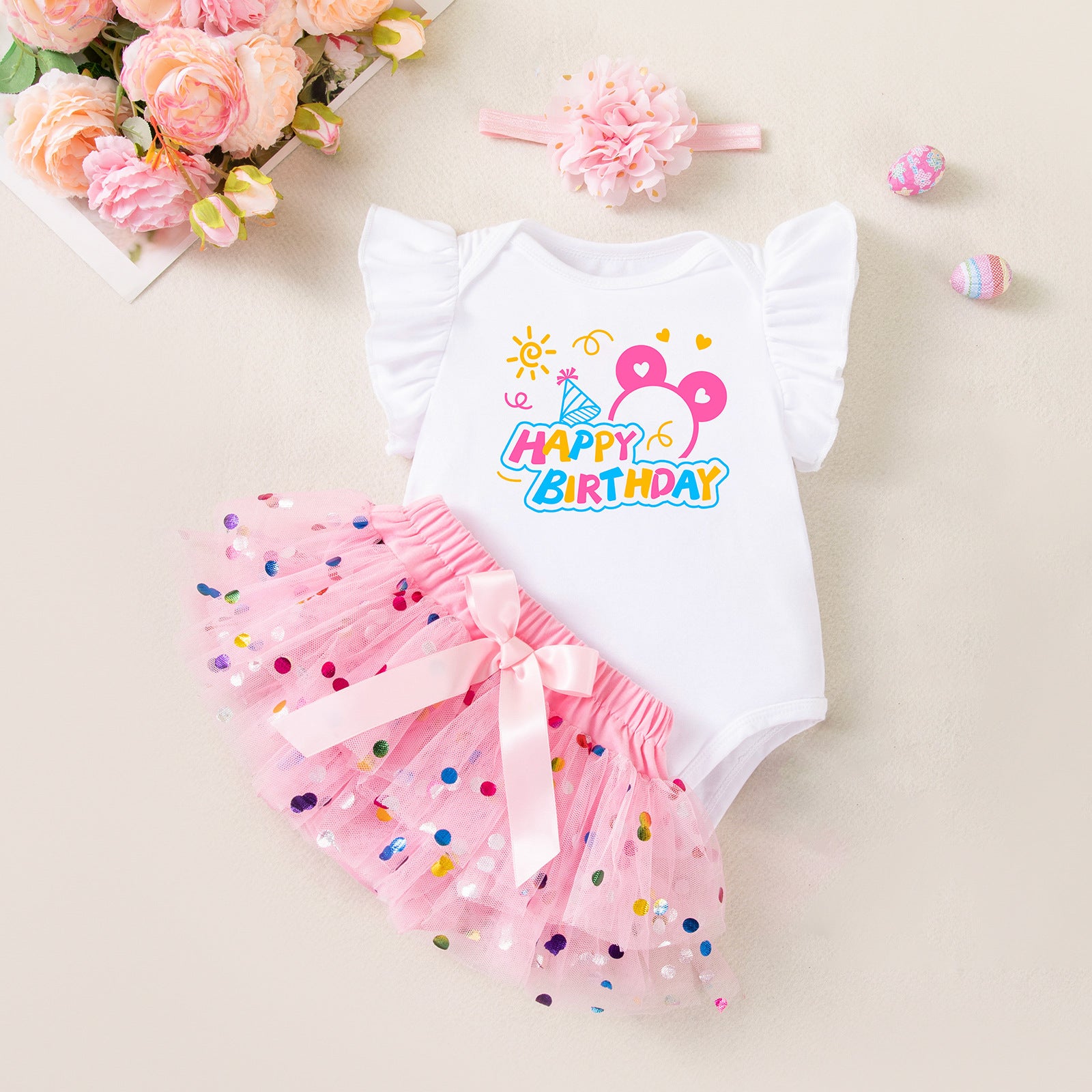 Girls' Clothing Set, Baby Spring Outfit, Flutter Sleeve Romper, Polka Dot Bottoms, Skirt, Hair Accessories, Socks Set, Party Dress
