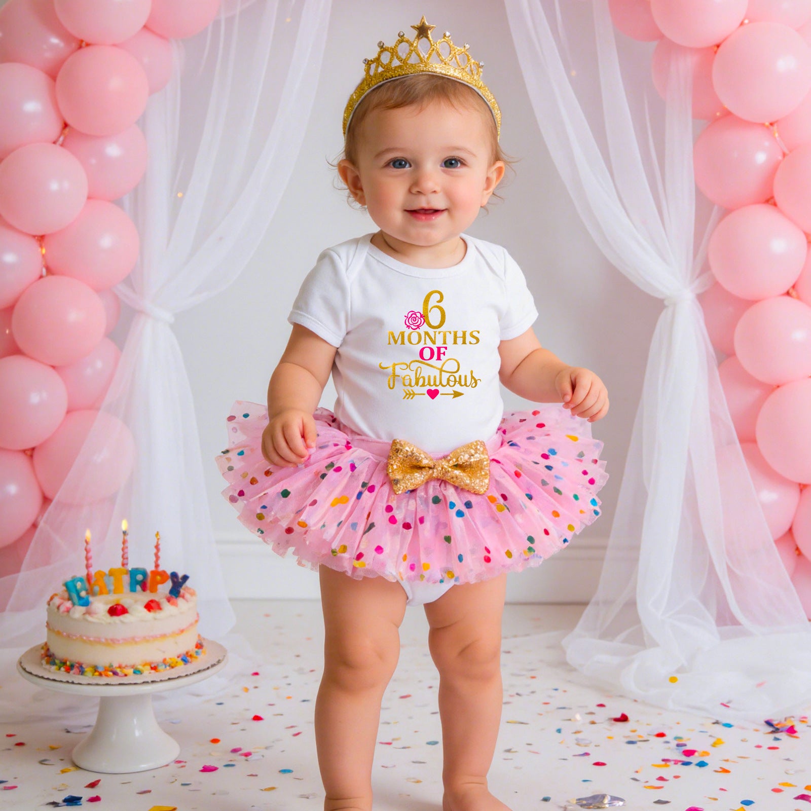 Baby First Birthday Outfit Set - Short Sleeve Romper Hair Accessories 3-Piece Infant Party Costume