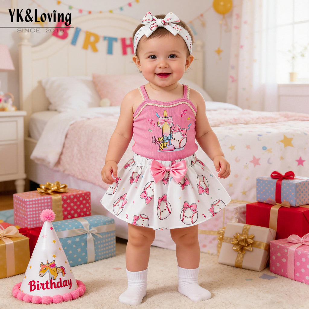 Birthday Party Outfit Set for Girls - Strap T-Shirt Hair Accessories 3-Piece Summer Baby Clothing Kids' Summer Wear