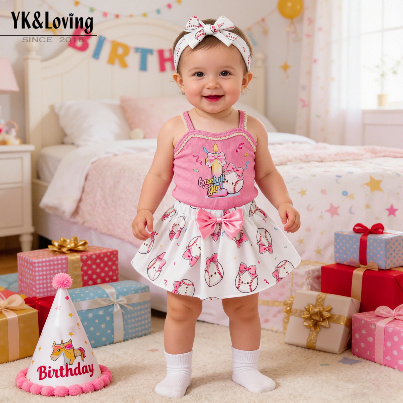 Birthday Party Outfit Set for Girls - Strap T-Shirt Hair Accessories 3-Piece Summer Baby Clothing Kids' Summer Wear