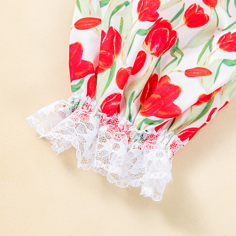 Lace Strap Lantern Pants with Tulip Print, Gathered Bodice Romper and Accessories Set for Baby Girls