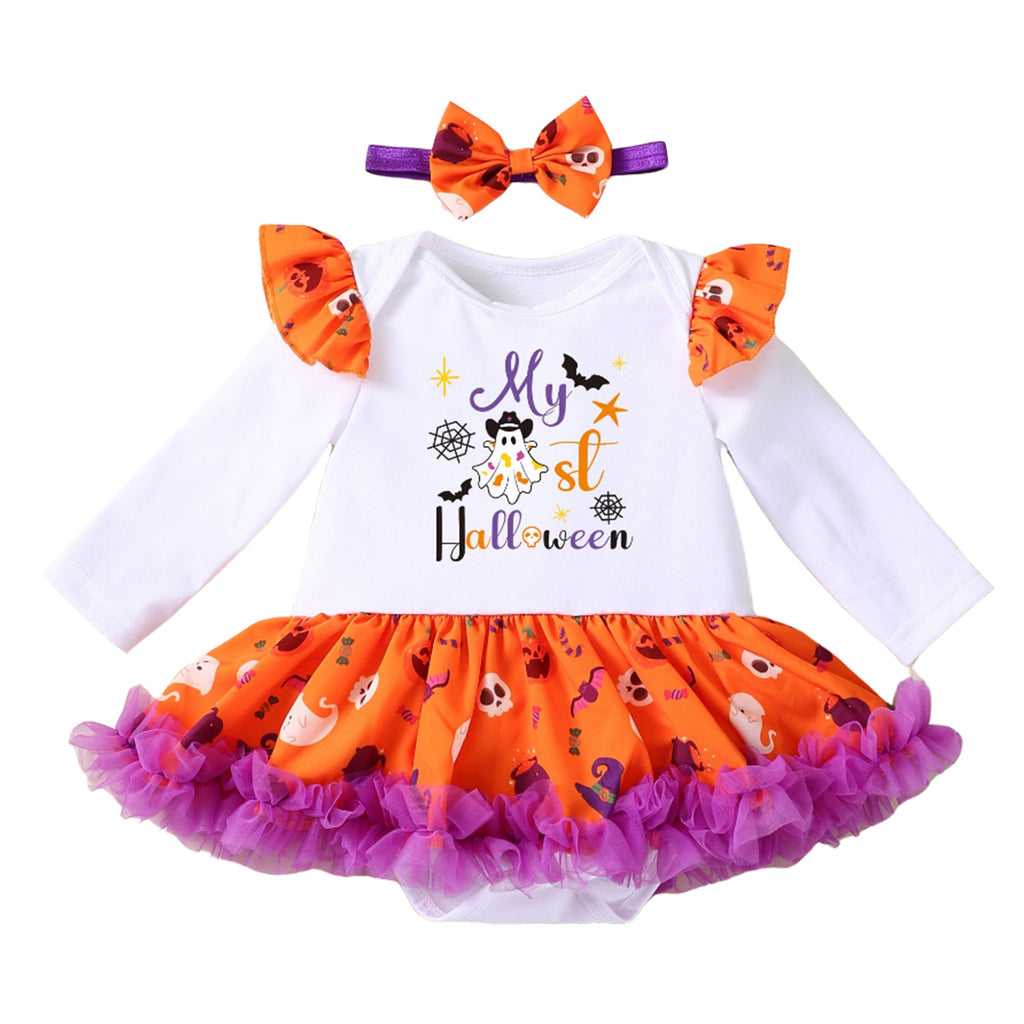 Cute Baby Halloween Costume Set with Printed Pumpkin Design Long Sleeve Romper Dress and Accessories
