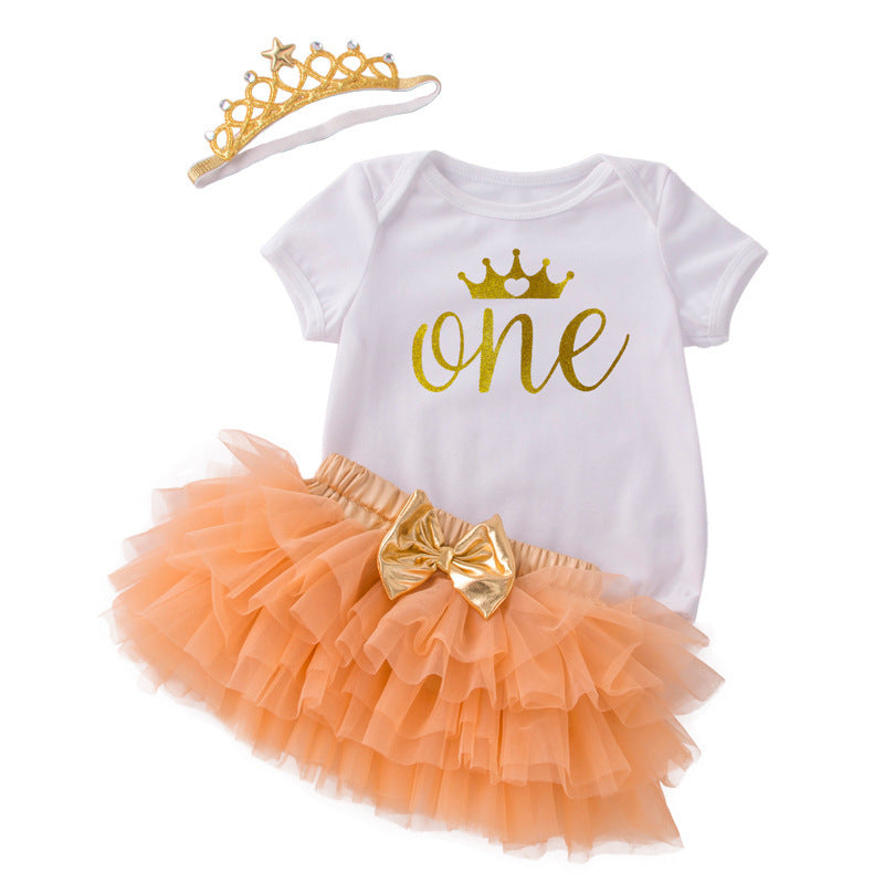 Cute Baby Girl Outfit Set Short Sleeve Romper Skirt Hair Accessories Birthday Clothes
