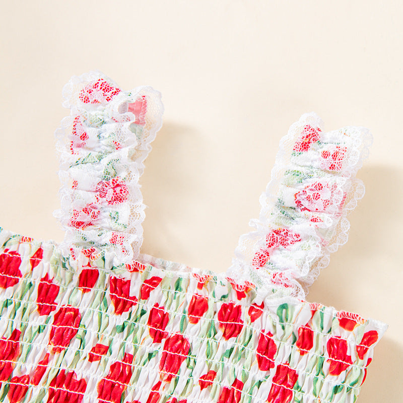 Lace Strap Lantern Pants with Tulip Print, Gathered Bodice Romper and Accessories Set for Baby Girls
