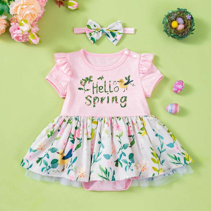 Baby Summer Printed Short Sleeve Romper Dress with Accessories 2-Piece Set Infant Onesie Dress Outfit