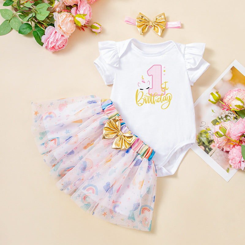 Cute Baby Festival Party Outfit Set with Ruffle Short Sleeve Romper, Rainbow Skirt, and Hair Accessories (3-Piece)
