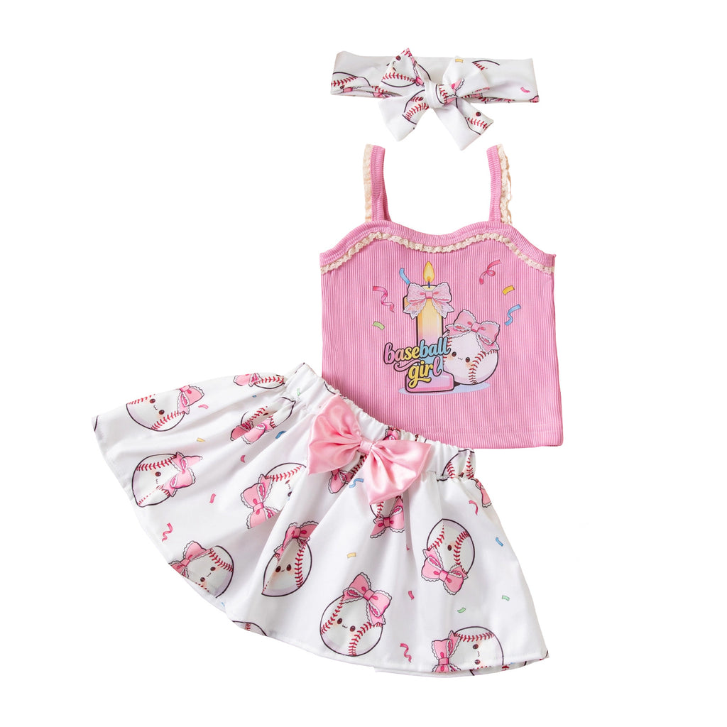 Birthday Party Outfit Set for Girls - Strap T-Shirt Hair Accessories 3-Piece Summer Baby Clothing Kids' Summer Wear