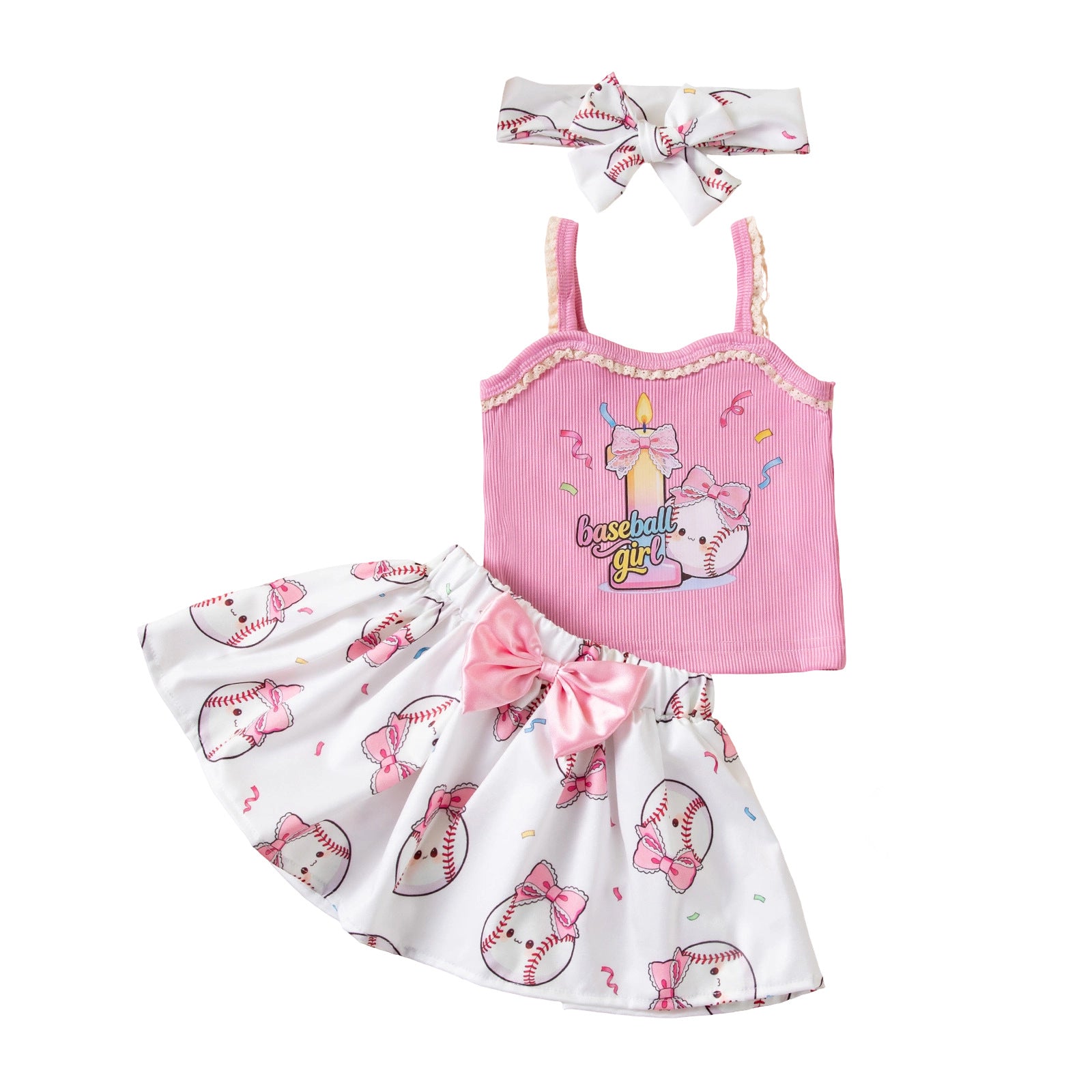 Birthday Party Outfit Set for Girls - Strap T-Shirt Hair Accessories 3-Piece Summer Baby Clothing Kids' Summer Wear