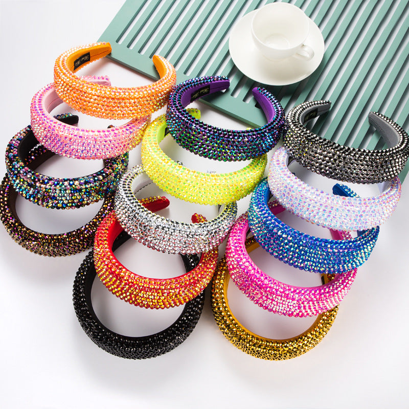 Ins Super Flash Full Drill 4.5cm Wide Brimmed Headdress Thickened Sponge Solid Color Headband Ladies Press Release Art Headband