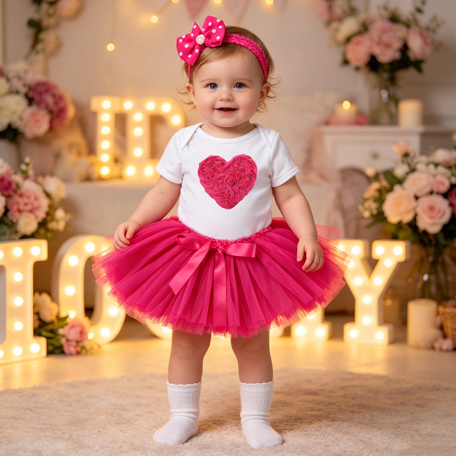 Baby Summer Outfit Set Short Sleeve Romper Handmade Skirt Hair Accessories 3-Piece Birthday Dress Summer