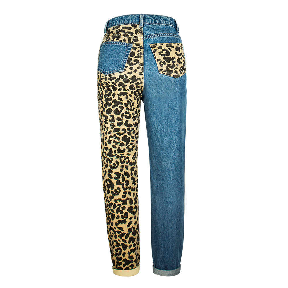 New Fashion Leopard High Waist Jeans Women`s  Straight Boyfriend Denim Pants